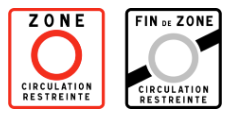 French road sign for restricted traffic zone (βZone Circulation Restreinteβ) with red rectangle and circle, alongside faded βFin de Zoneβ version marking the end of the zone.