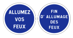 French road signs instructing drivers to turn on headlights (βAllumez Vos Feuxβ) and indicating the end of the requirement (βFin dβAllumage des Feuxβ).