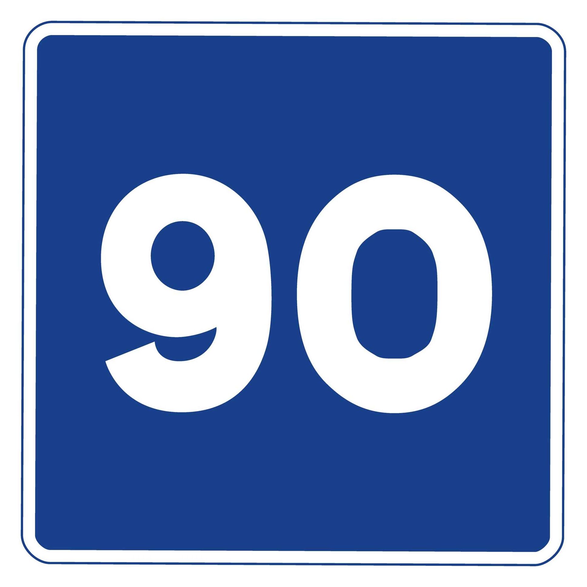 Blue square road sign with number 90 written in white lettering to show recommended speed limit applies.
