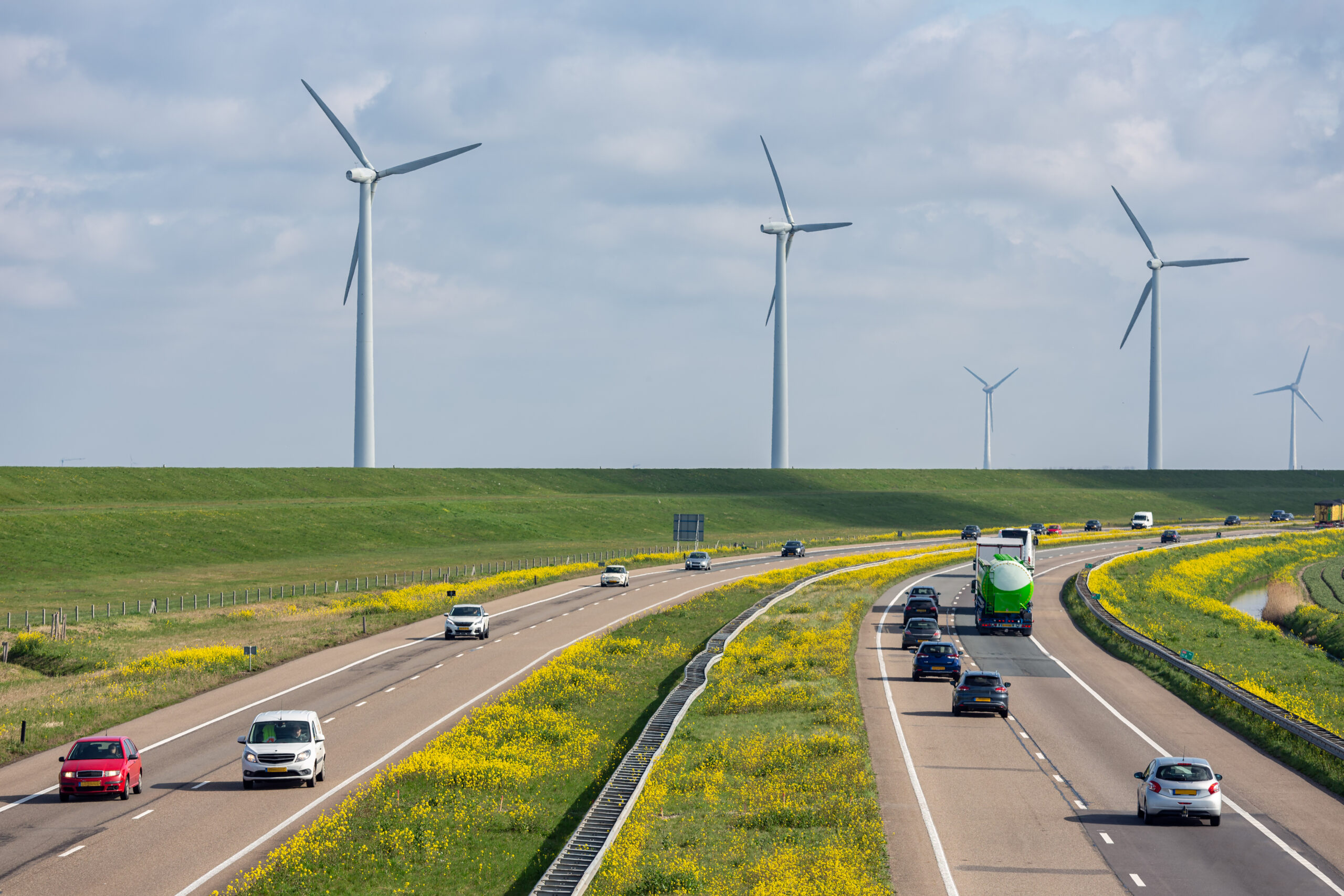 Busy motorway in the Netherlands with wind turbines in the background and yellow flowers either side.